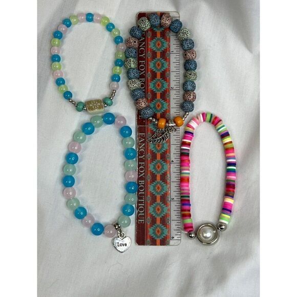 Turquoise Black Lava Heart Boho Stretch Stack Beaded Bracelets Set Of 4 HOT PINK - Picture 11 of 14
